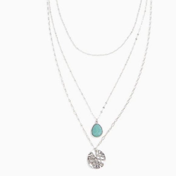 Silver-tone green stone and disk layered necklace